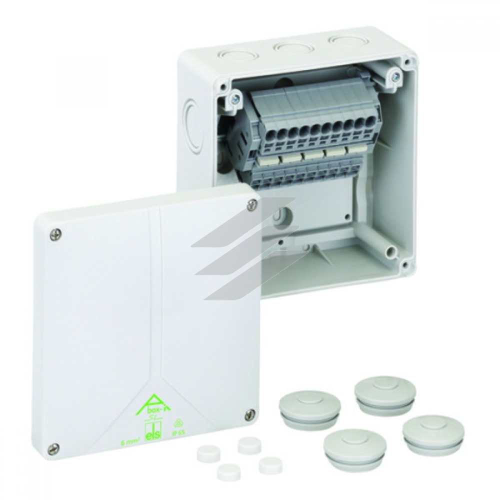 Розподільча коробка Abox-i SL-6² (140x140x79), пружин. клема 5пол.х6мм² (4х0,5-10мм² для кожного пол.), полікарбонат, метрич. введеня-12 місць (3-М20/М25, 5-М25/М32, 2-М20, 2-М20/М25 на днищі), IP65, Spelsberg